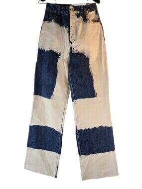 Emory Park Wide Leg Color Block Bleach Wash Statement Jeans Medium